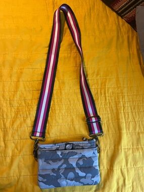 THINK ROYLN Blue Camo Crossbody Bag with Pink Stripe Strap